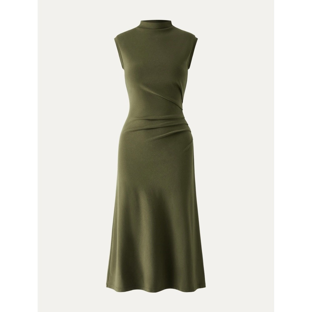 OGL Mockneck Tucks Midi Dress Olive Green Sleeveless Size XS